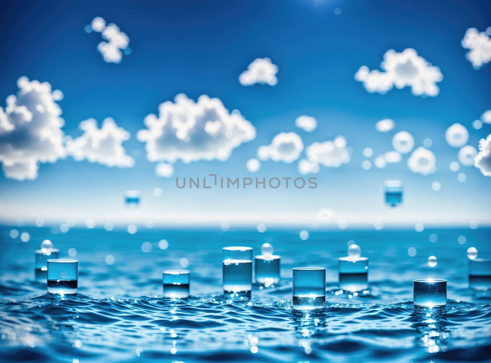 The image depicts a body of water with ripples and bubbles floating on the surface.
