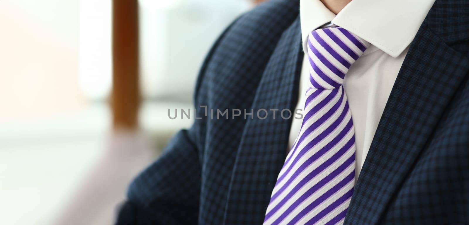 Male in blue suit set tie closeup. White collar management job serious move secretary student luxury formal interview executive agent marriage store corporate elegance employment preparation
