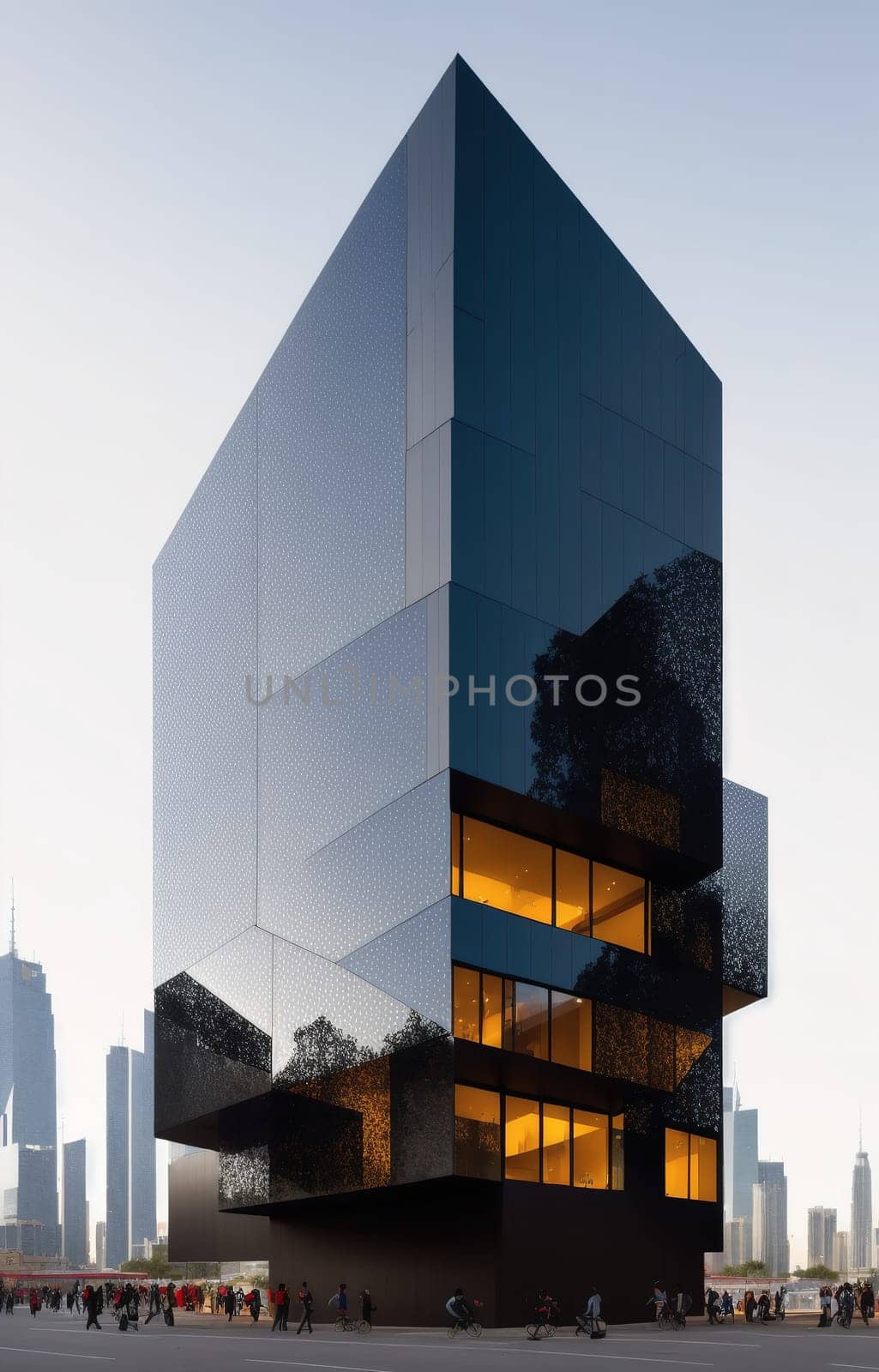 The image is a black and white rendering of a modern skyscraper with large windows and a sleek, angular design.
