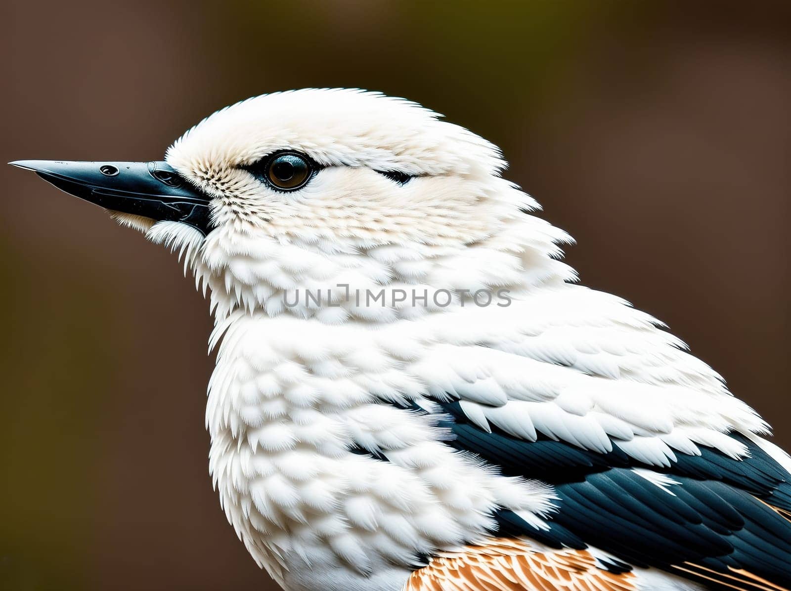 The image shows a small, white bird perched on a branch with its beak open and looking directly at the camera.