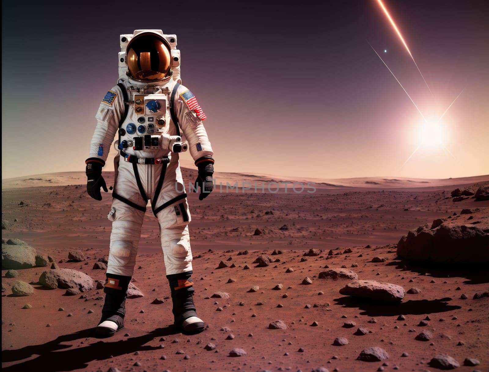 The image shows an astronaut standing on the surface of Mars, wearing a spacesuit and looking out at the horizon.