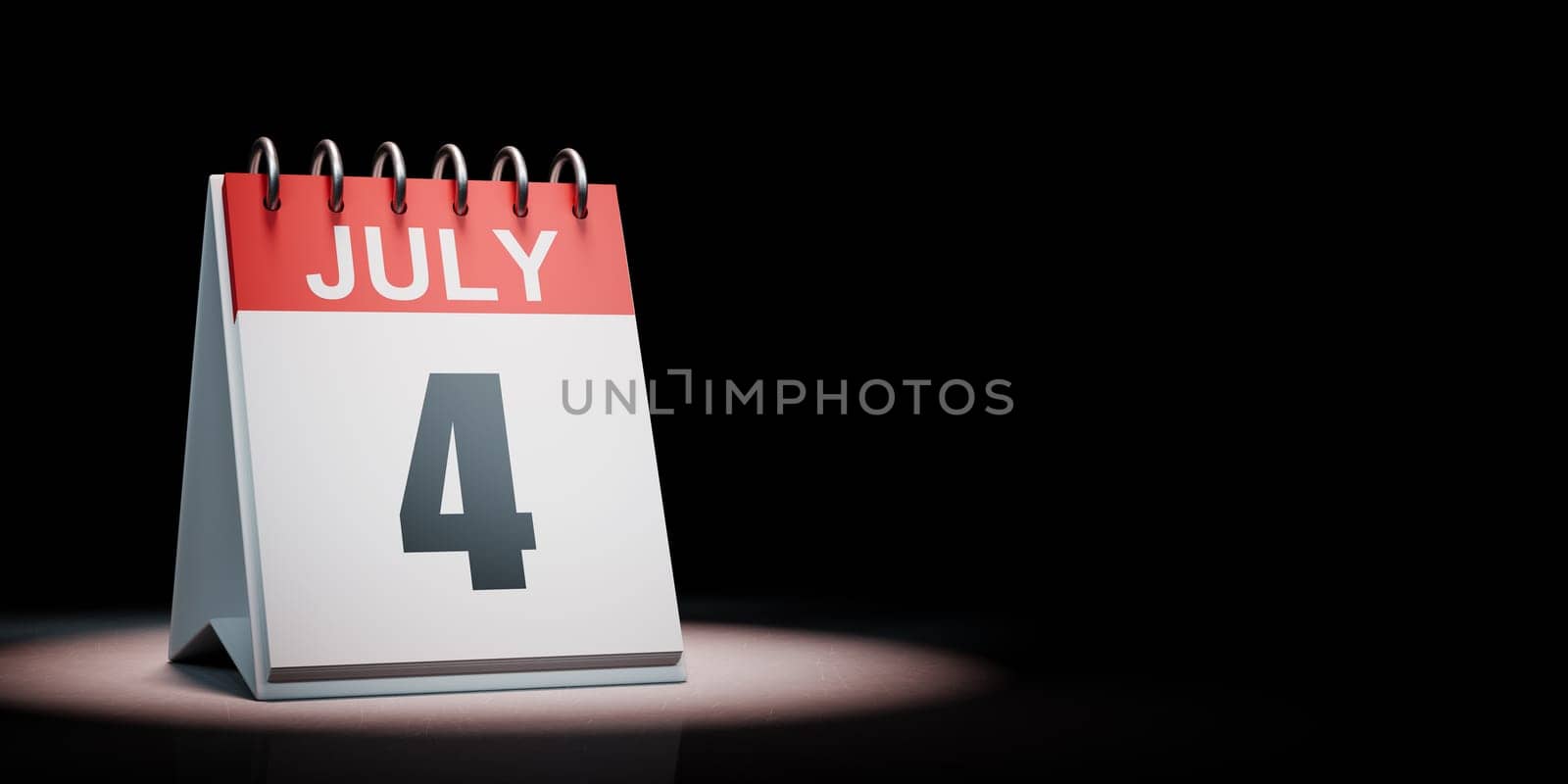 Red and White July 4 Desk Calendar Spotlighted on Black Background with Copy Space 3D Illustration