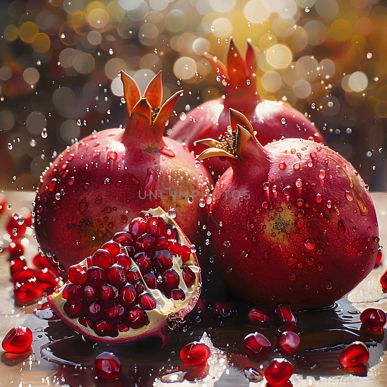 A painting of pomegranates, a superfood ingredient with water drops on them by Nadtochiy