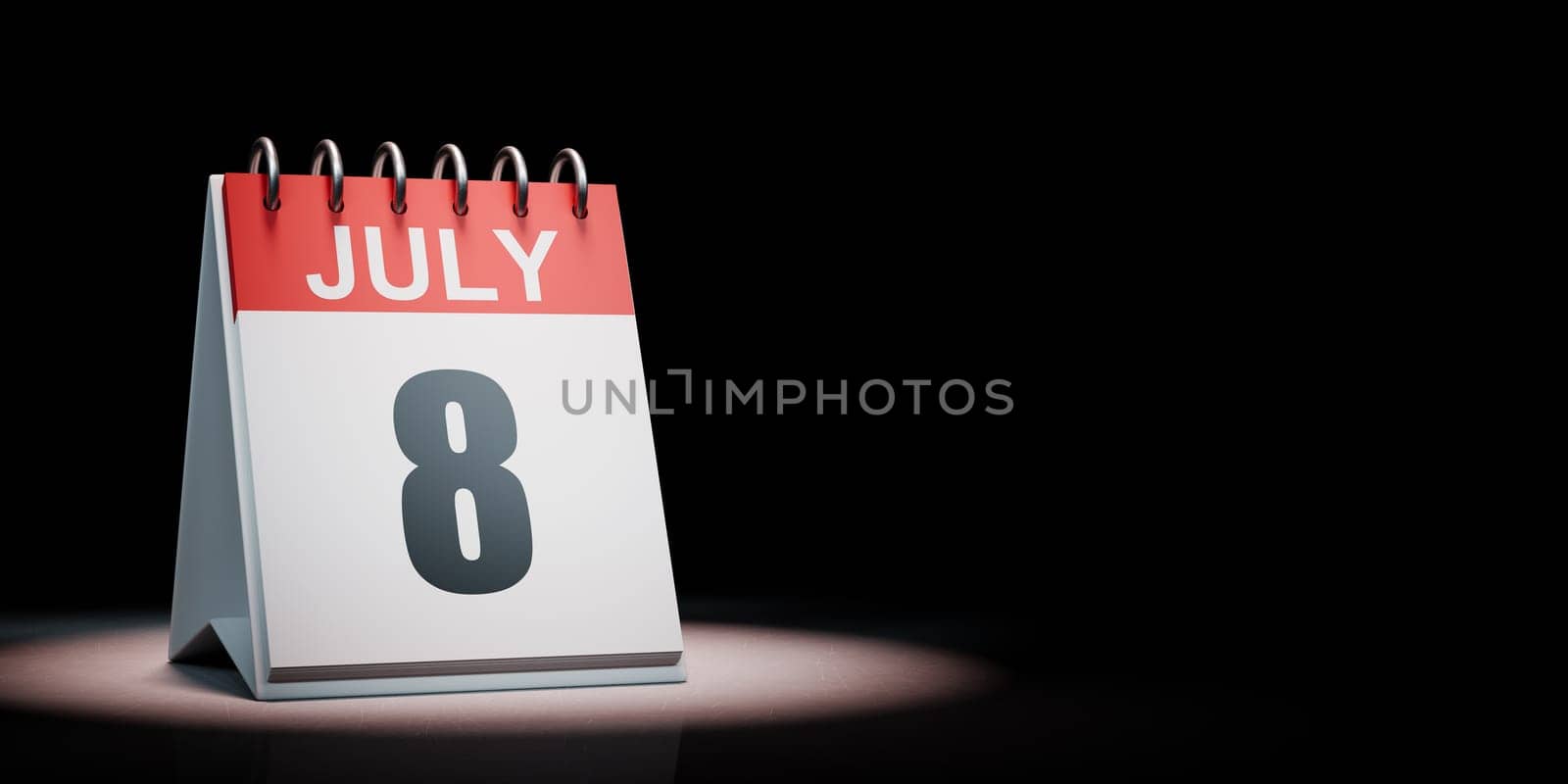 Red and White July 8 Desk Calendar Spotlighted on Black Background with Copy Space 3D Illustration