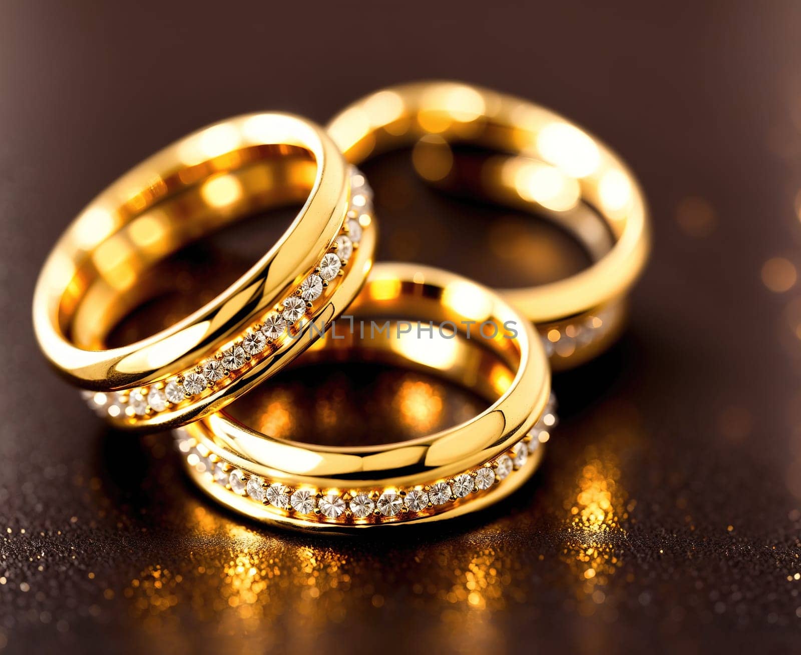 The image is a set of three gold wedding rings with diamonds on them.