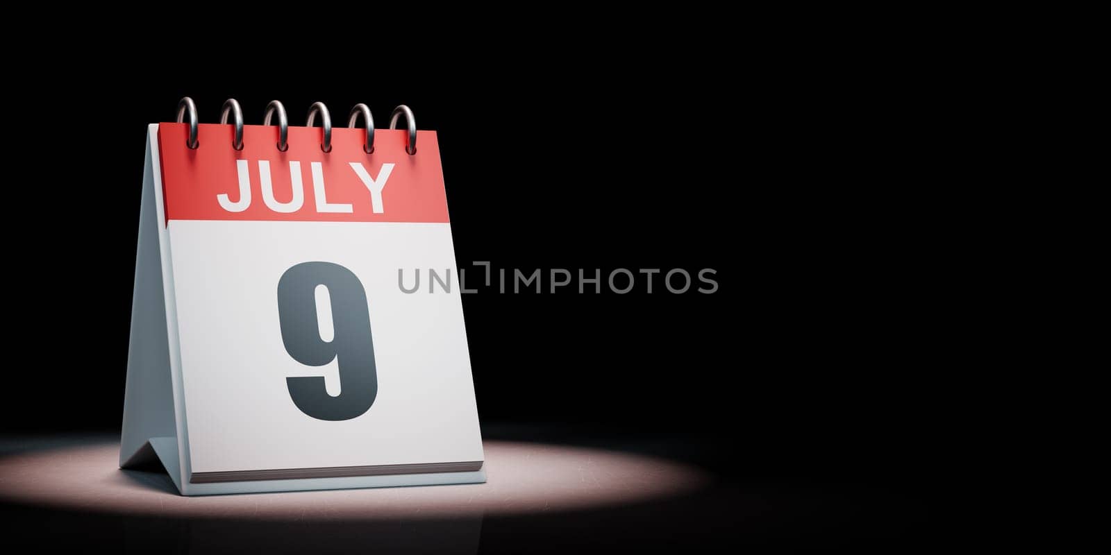 Red and White July 9 Desk Calendar Spotlighted on Black Background with Copy Space 3D Illustration