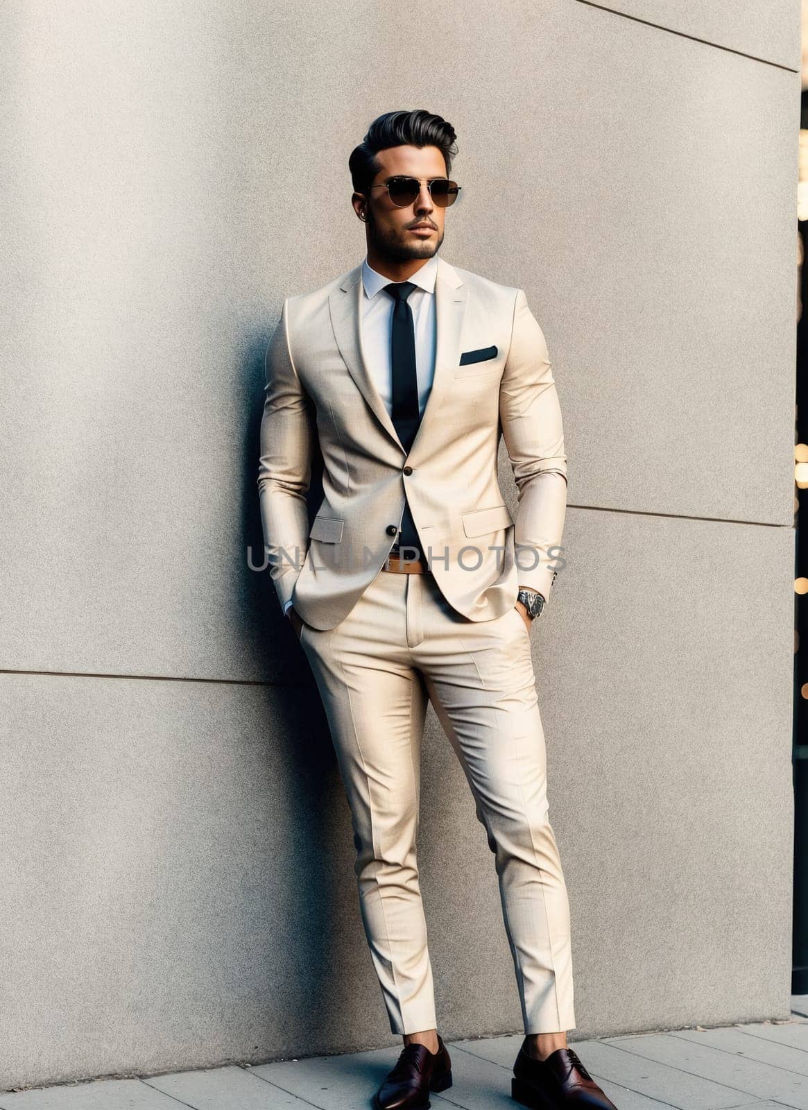 The image shows a man wearing a white suit and sunglasses standing in front of a brick wall.