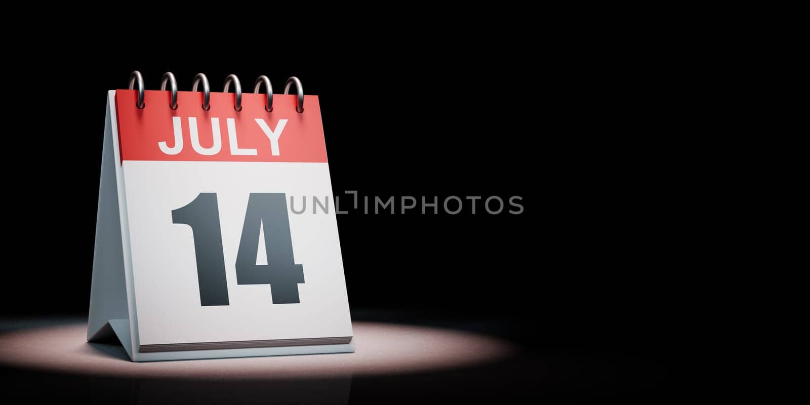 Red and White July 14 Desk Calendar Spotlighted on Black Background with Copy Space 3D Illustration