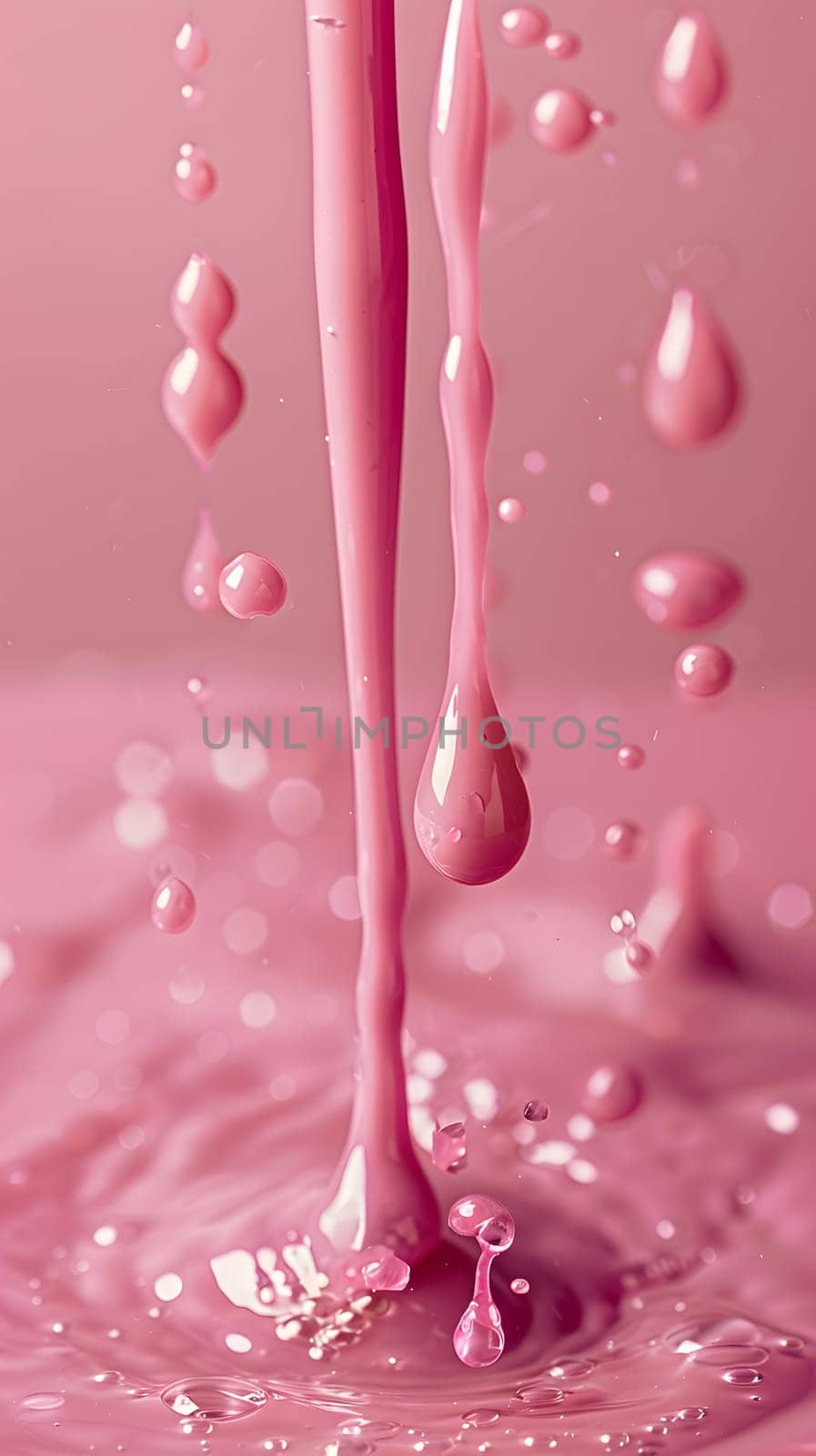 A detailed shot showing a vibrant pink liquid drop slowly merging into a pool of clear water, creating a beautiful blend of colors