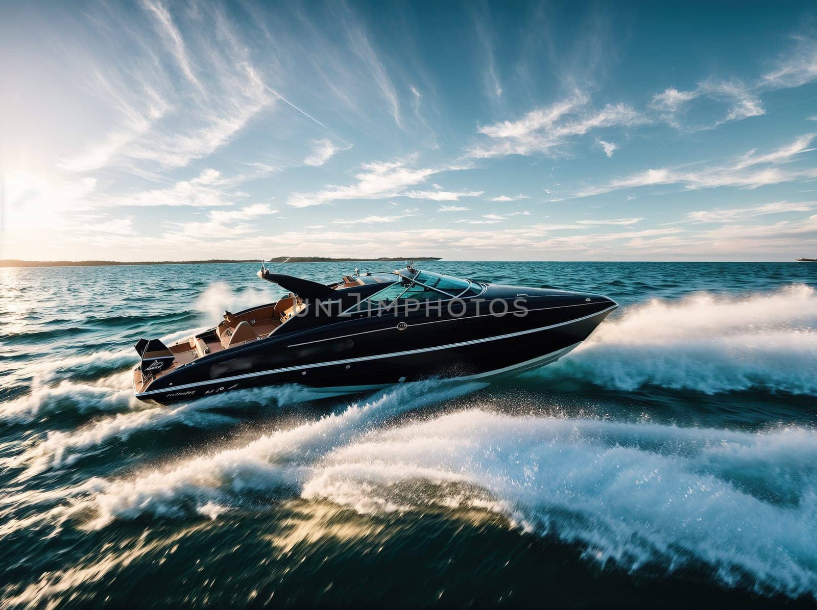 The image shows a speeding boat on the water with the sun setting in the background.