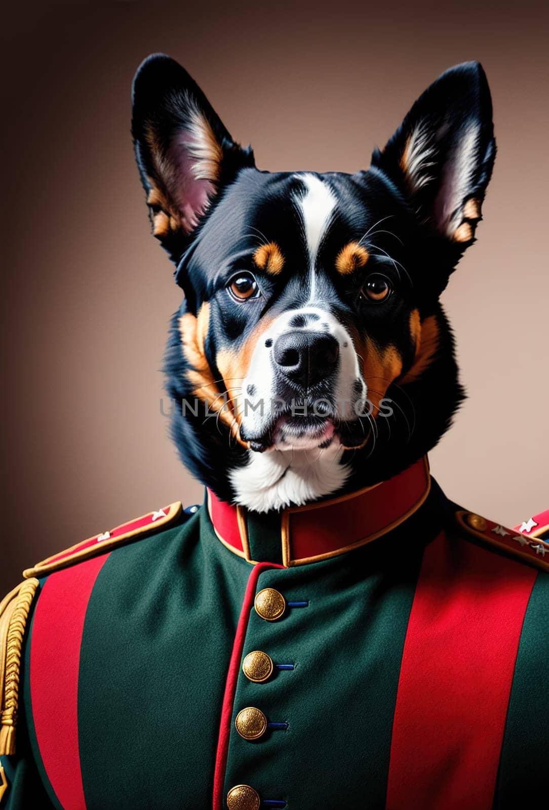 The image shows a black and white dog wearing a military uniform with a red sash around its neck, looking directly at the viewer with its brown eyes.