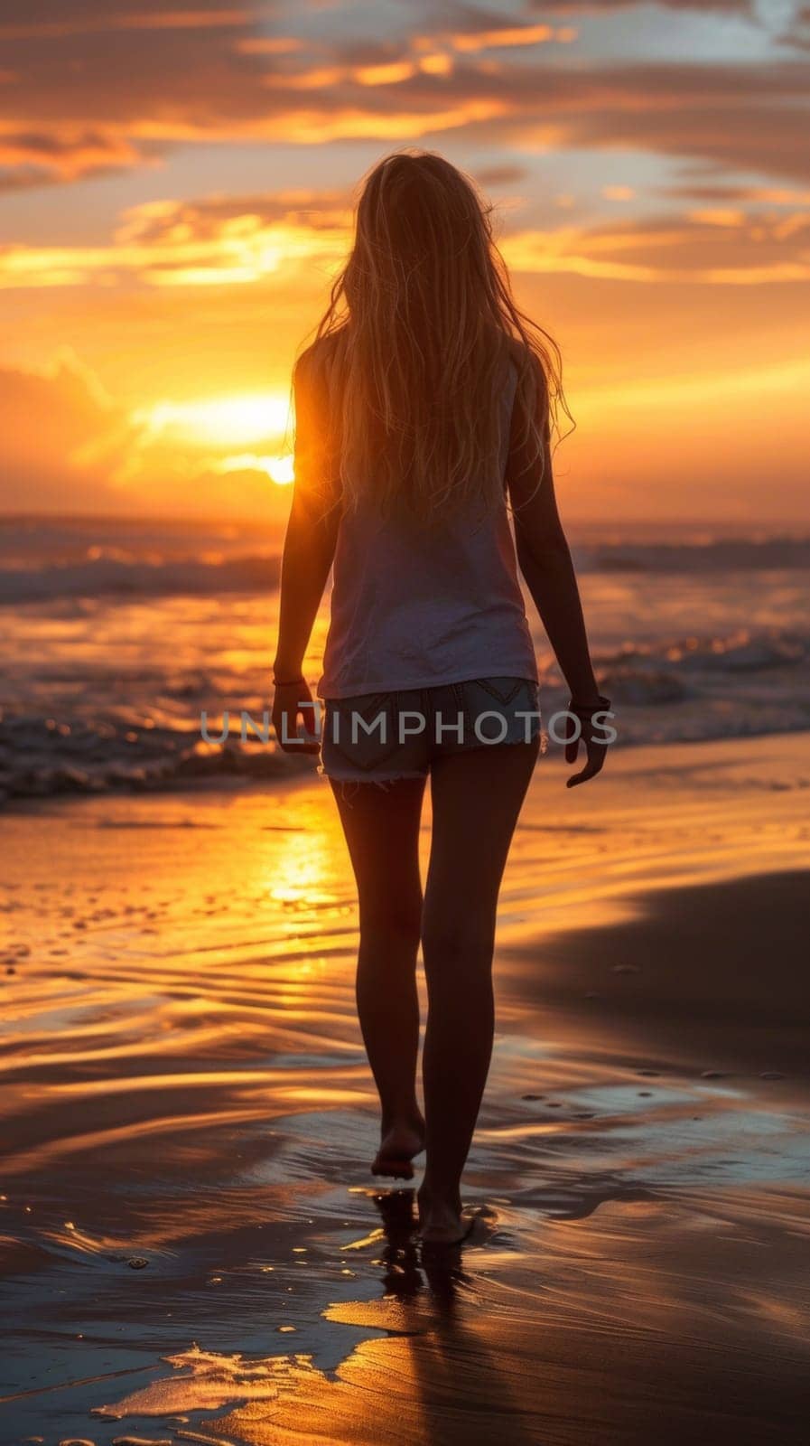 A woman walking on the beach at sunset with her hair blowing in the wind