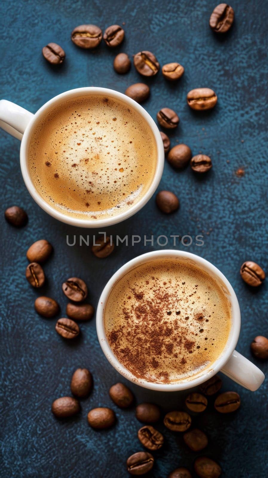 Two cups of coffee with a sprinkle on top sit next to beans