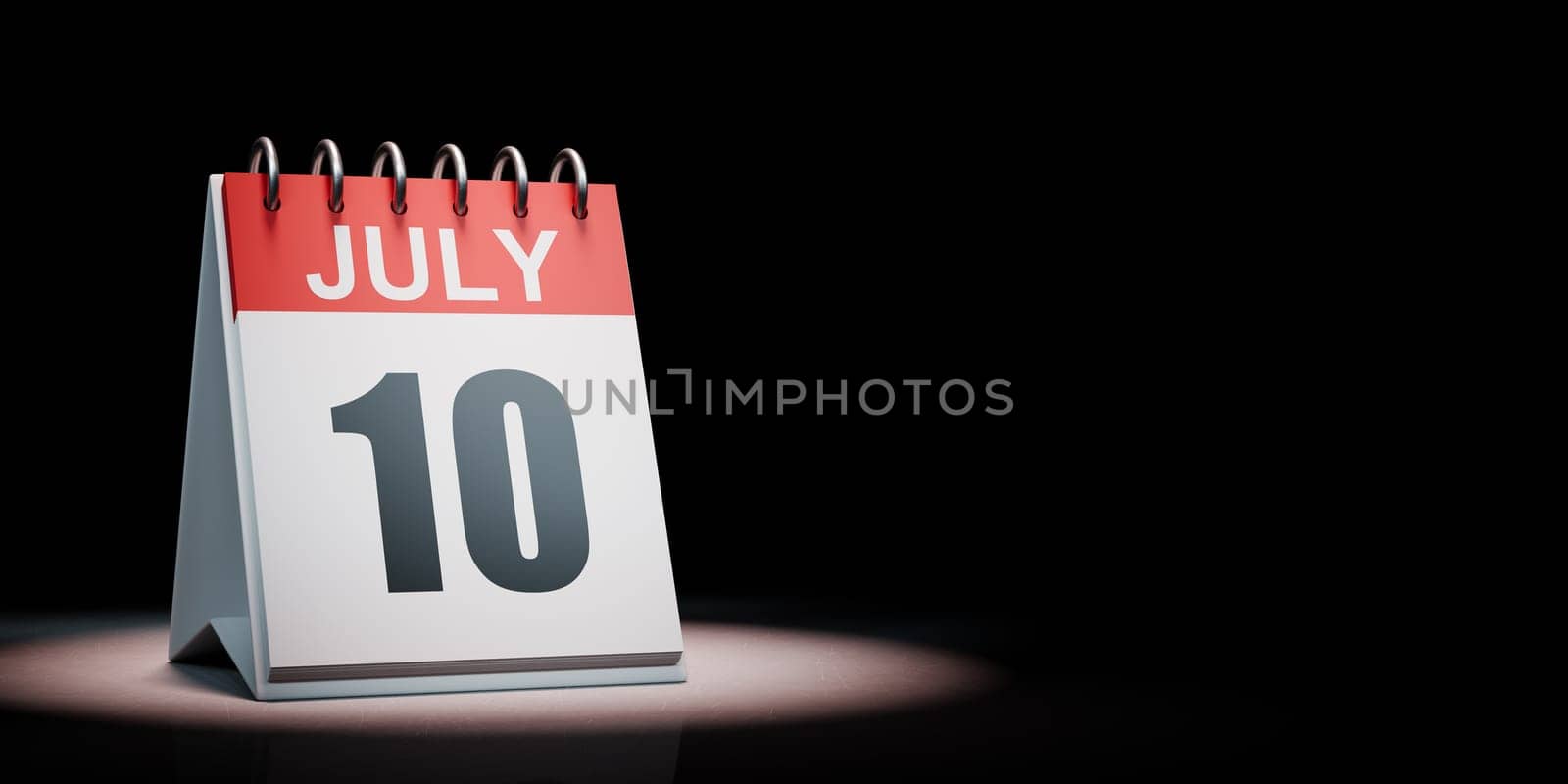 Red and White July 10 Desk Calendar Spotlighted on Black Background with Copy Space 3D Illustration