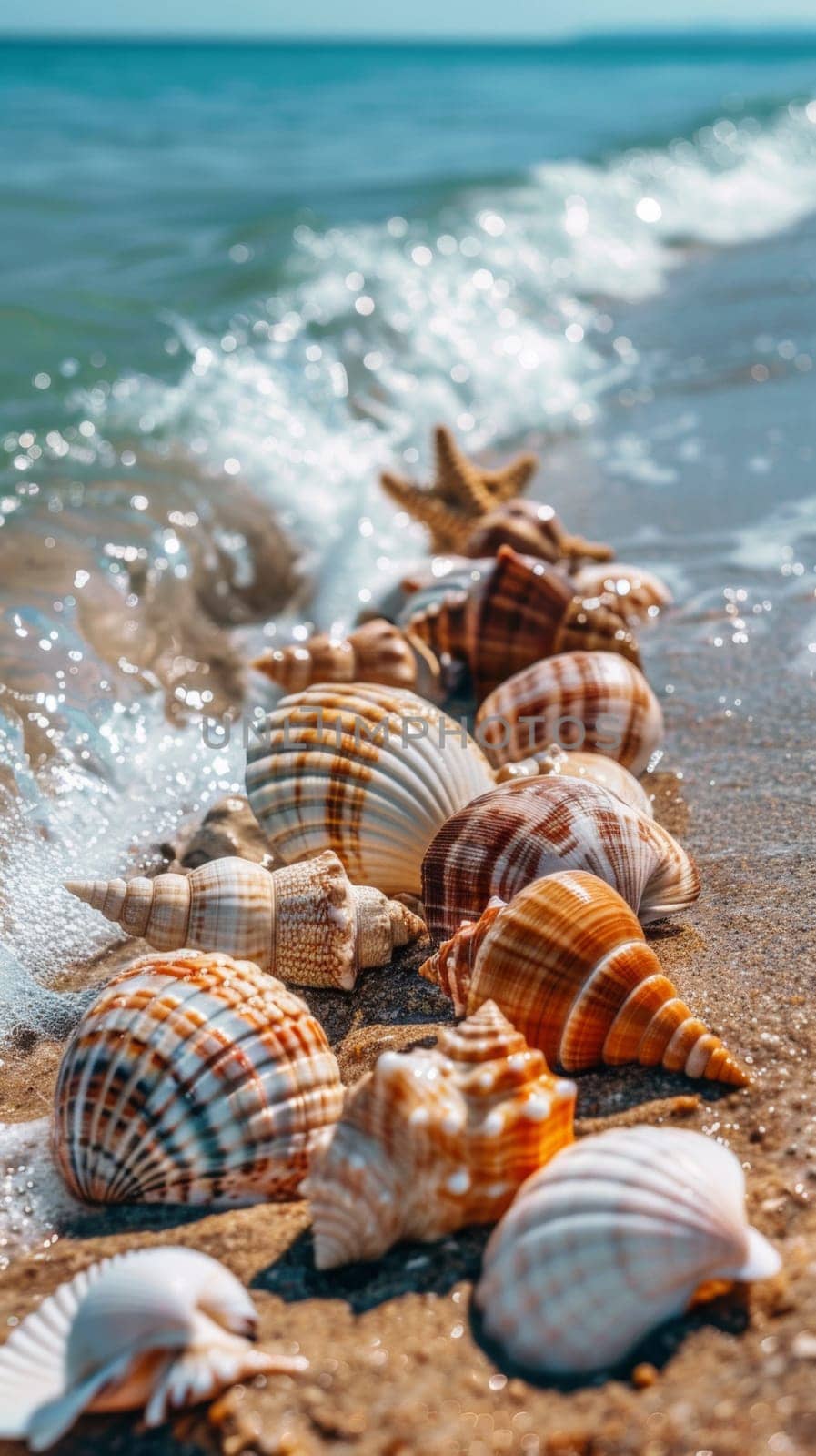 A group of shells are lined up on the beach