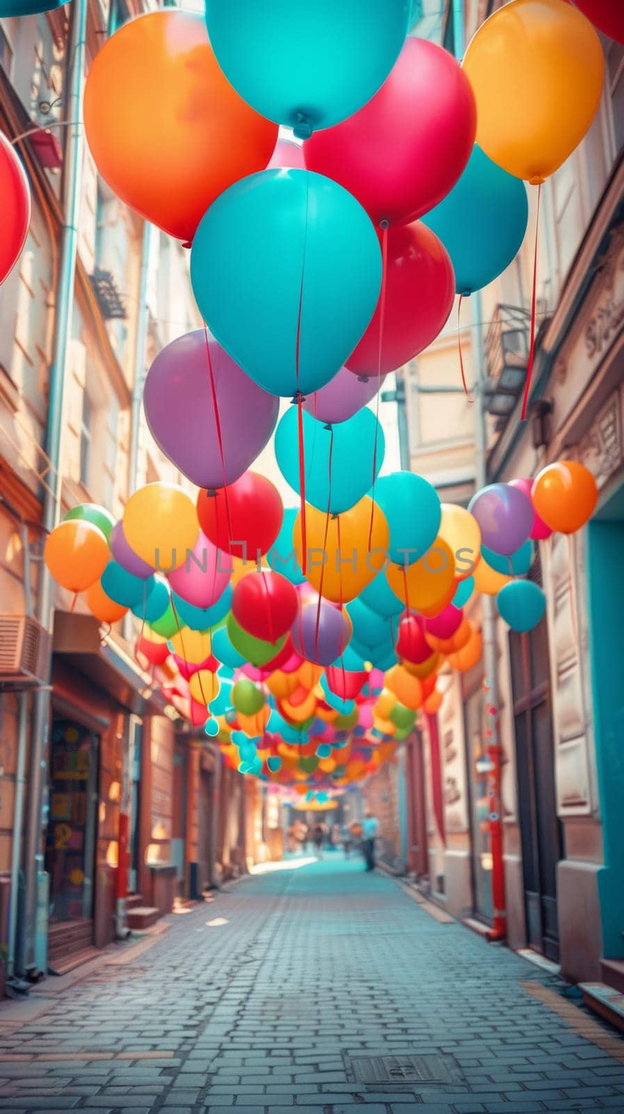 A street with many balloons floating in the air above it