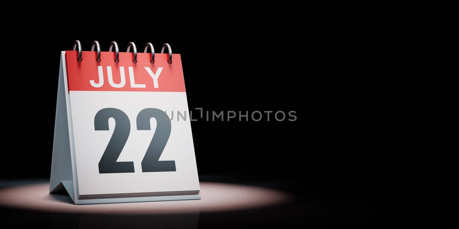 Red and White July 22 Desk Calendar Spotlighted on Black Background with Copy Space 3D Illustration