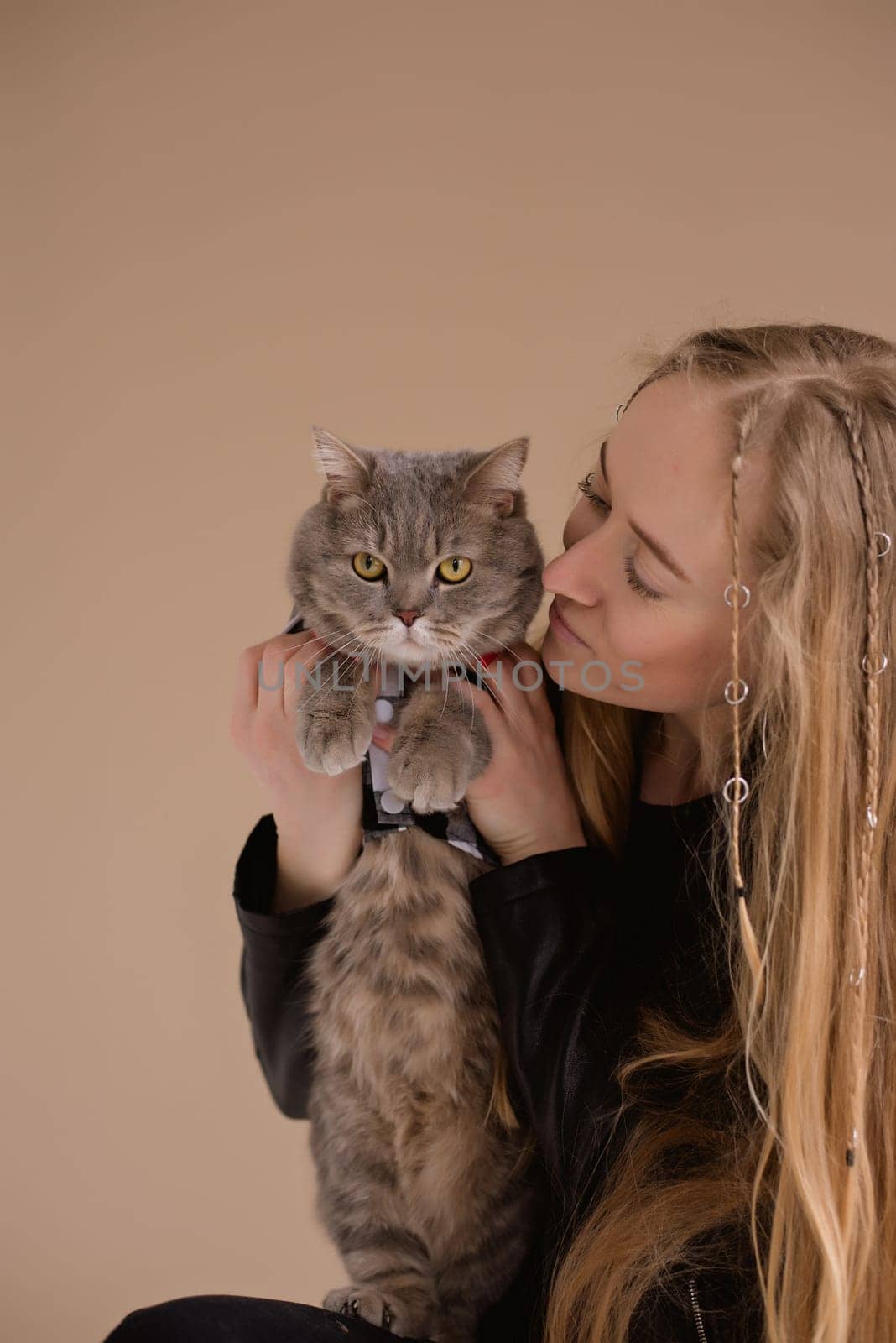 Woman blonde with scottish straight cat at studio by OksanaFedorchuk