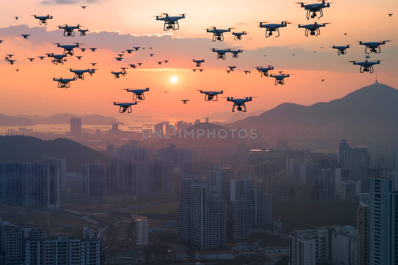 group of drones over city at summer morning or evening by z1b