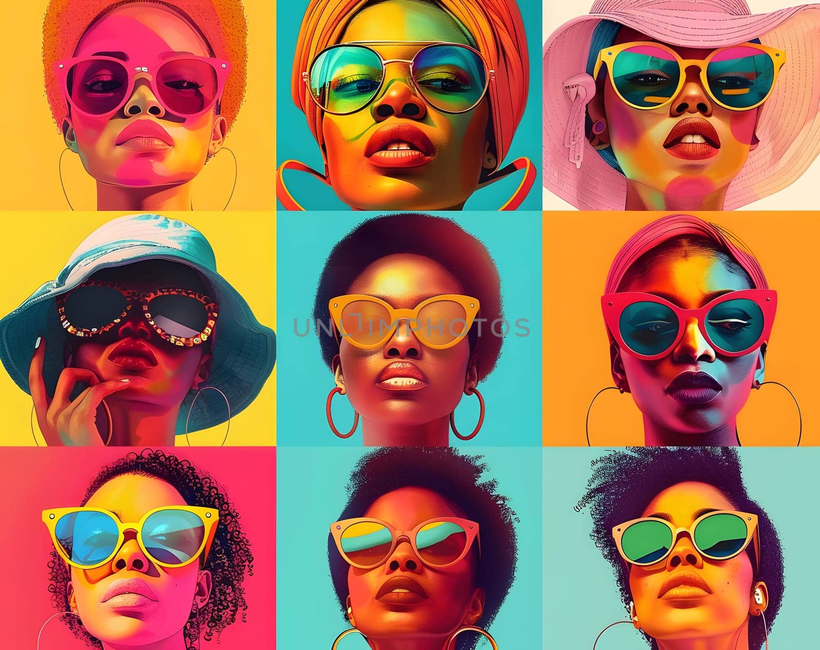 A cool and fun collage of portraits featuring women wearing red and magenta sunglasses and hats. Each face expresses a unique facial expression, showcasing a blend of art and vision care