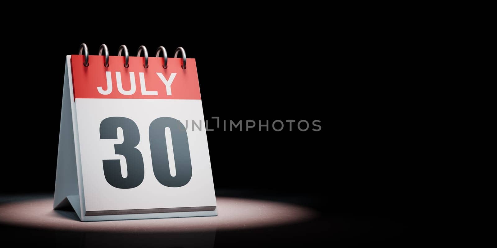 Red and White July 30 Desk Calendar Spotlighted on Black Background with Copy Space 3D Illustration