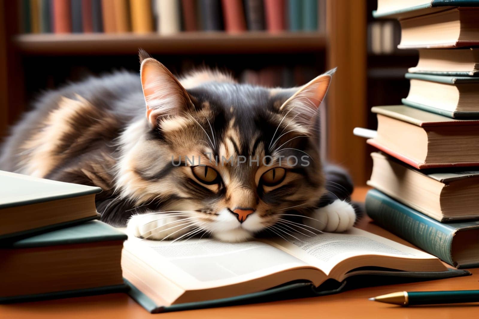 the cat lies on a book in the library, shelves with books in the background.