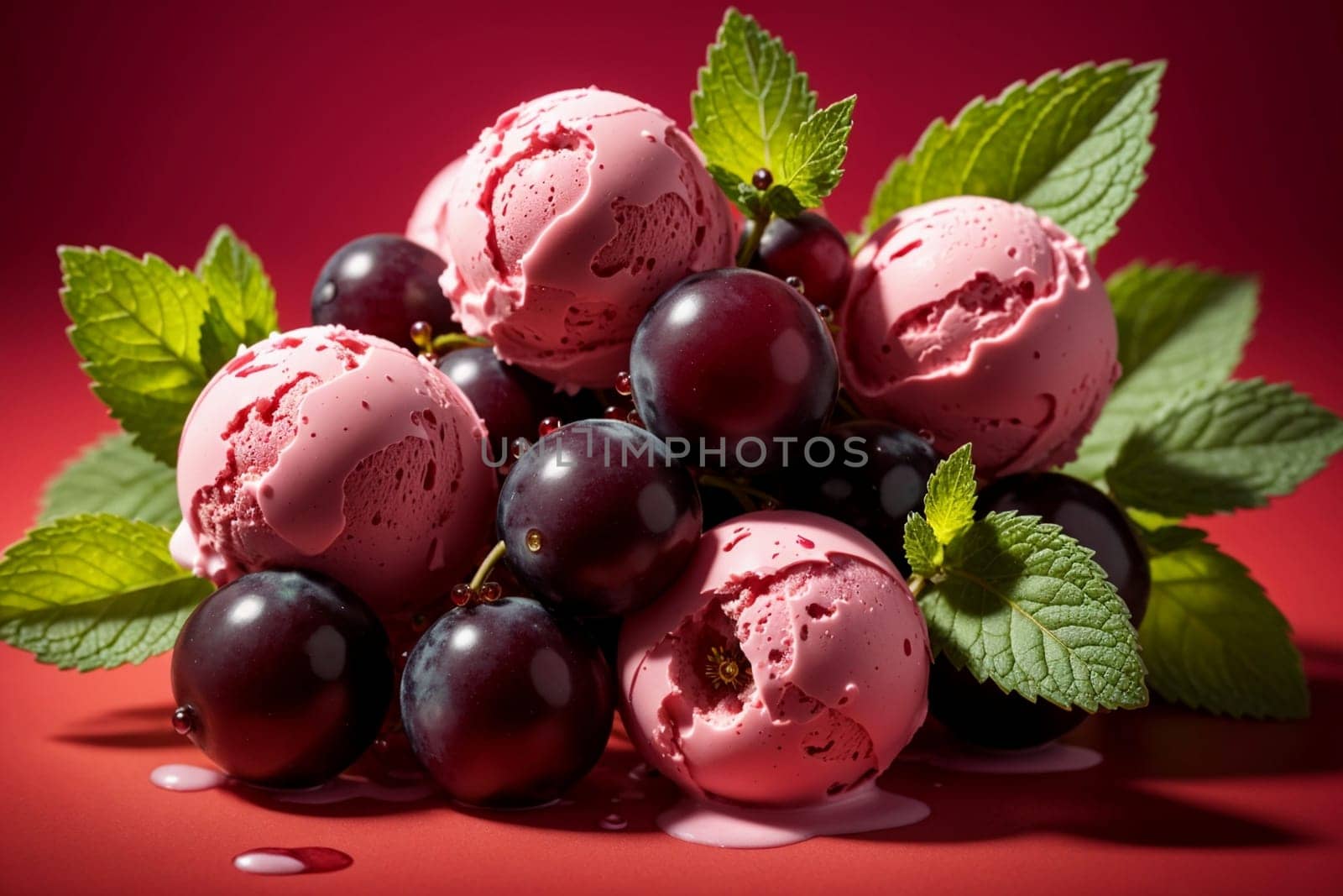 pink black currant ice cream isolated on red background by Rawlik