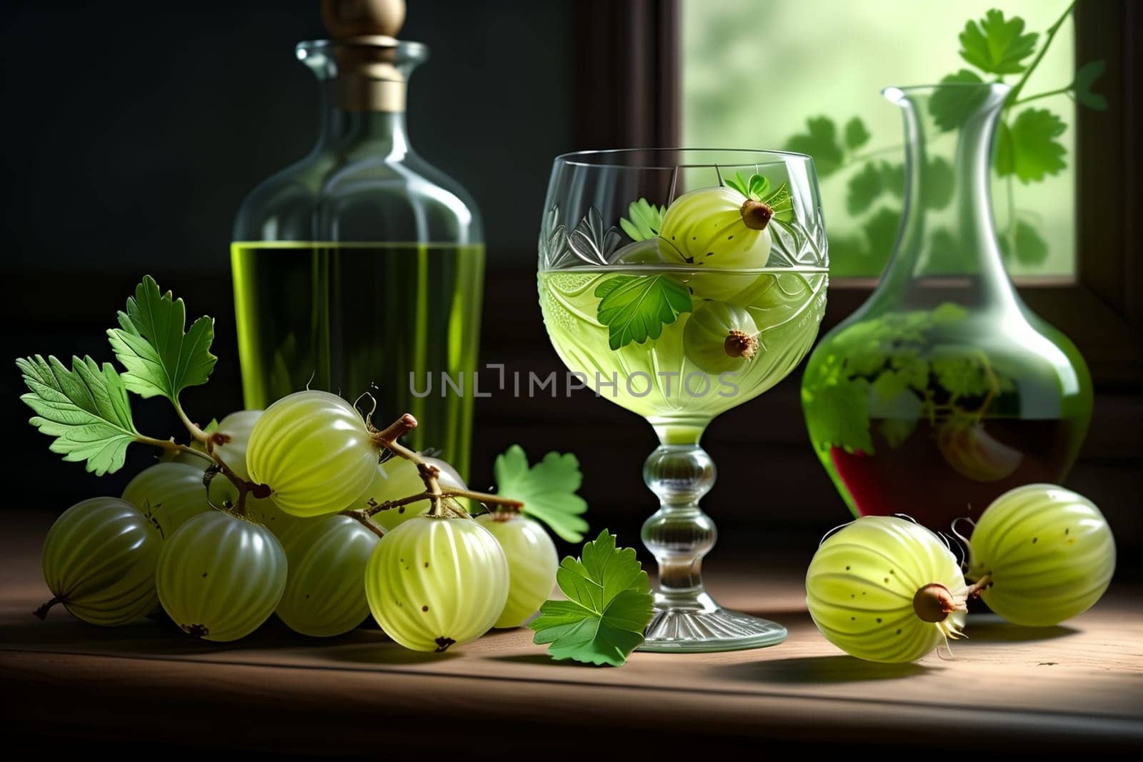 gooseberry liqueur, wine in a glass isolated on a green background by Rawlik