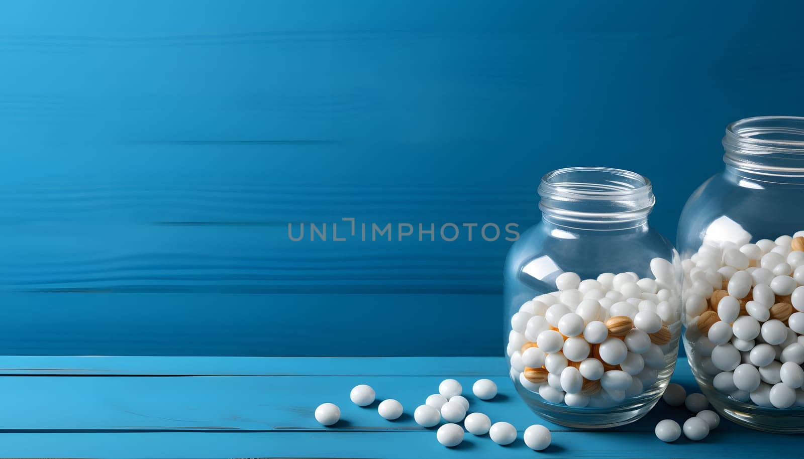 White pills on blue background. High quality photo