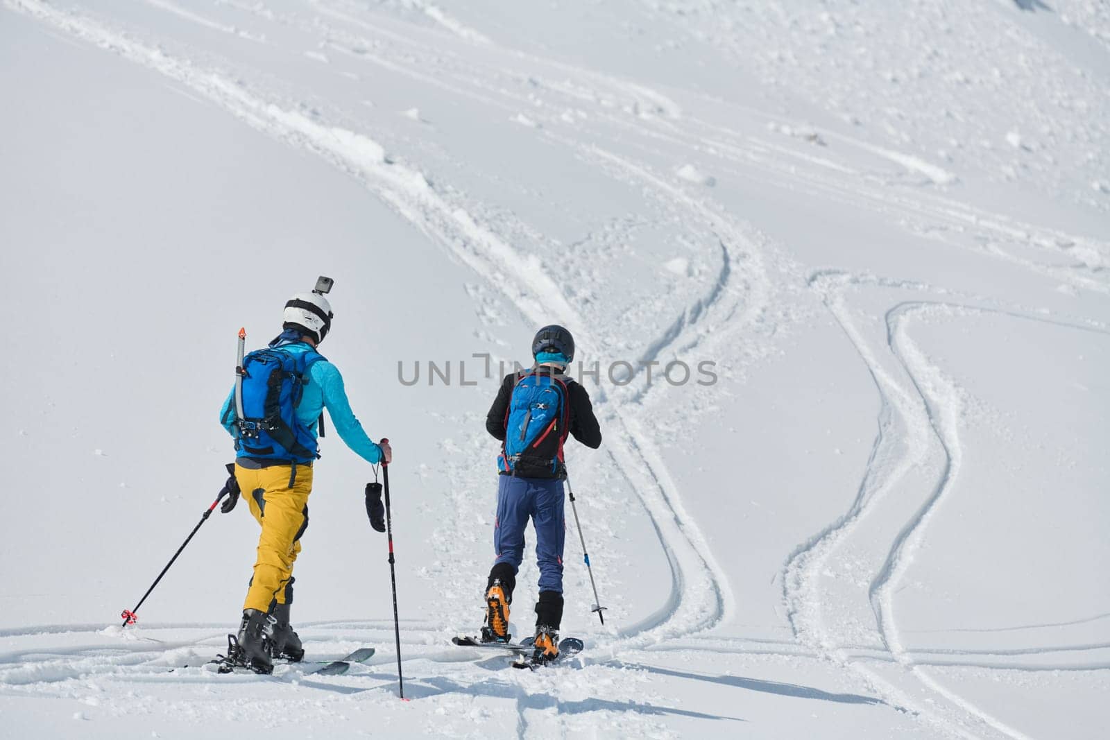 In a display of unwavering teamwork and determination, two professional skiers ascend the snow-capped peaks of the Alps, united in their quest for the summit.