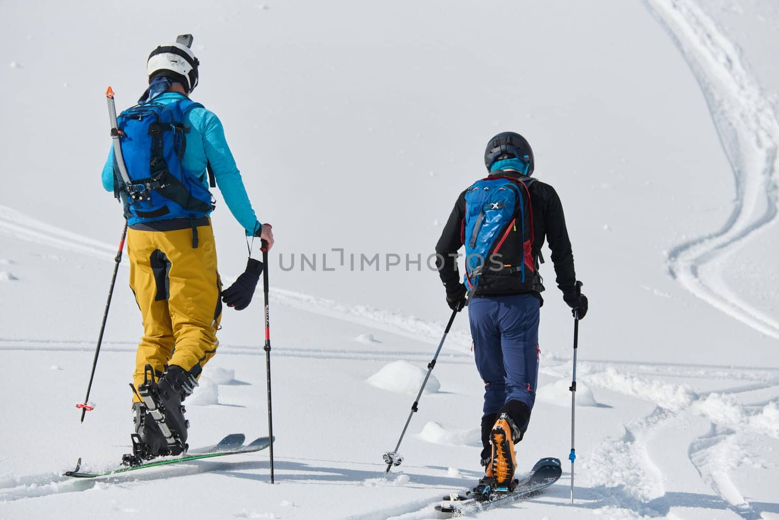 In a display of unwavering teamwork and determination, two professional skiers ascend the snow-capped peaks of the Alps, united in their quest for the summit.