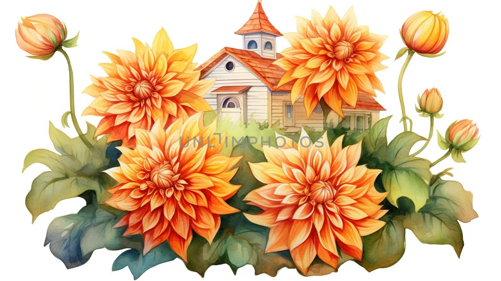 Charming wooden fairy house among orange dahlias, beautiful red roof and brick chimney, flower garden on a white background,Genereated AI