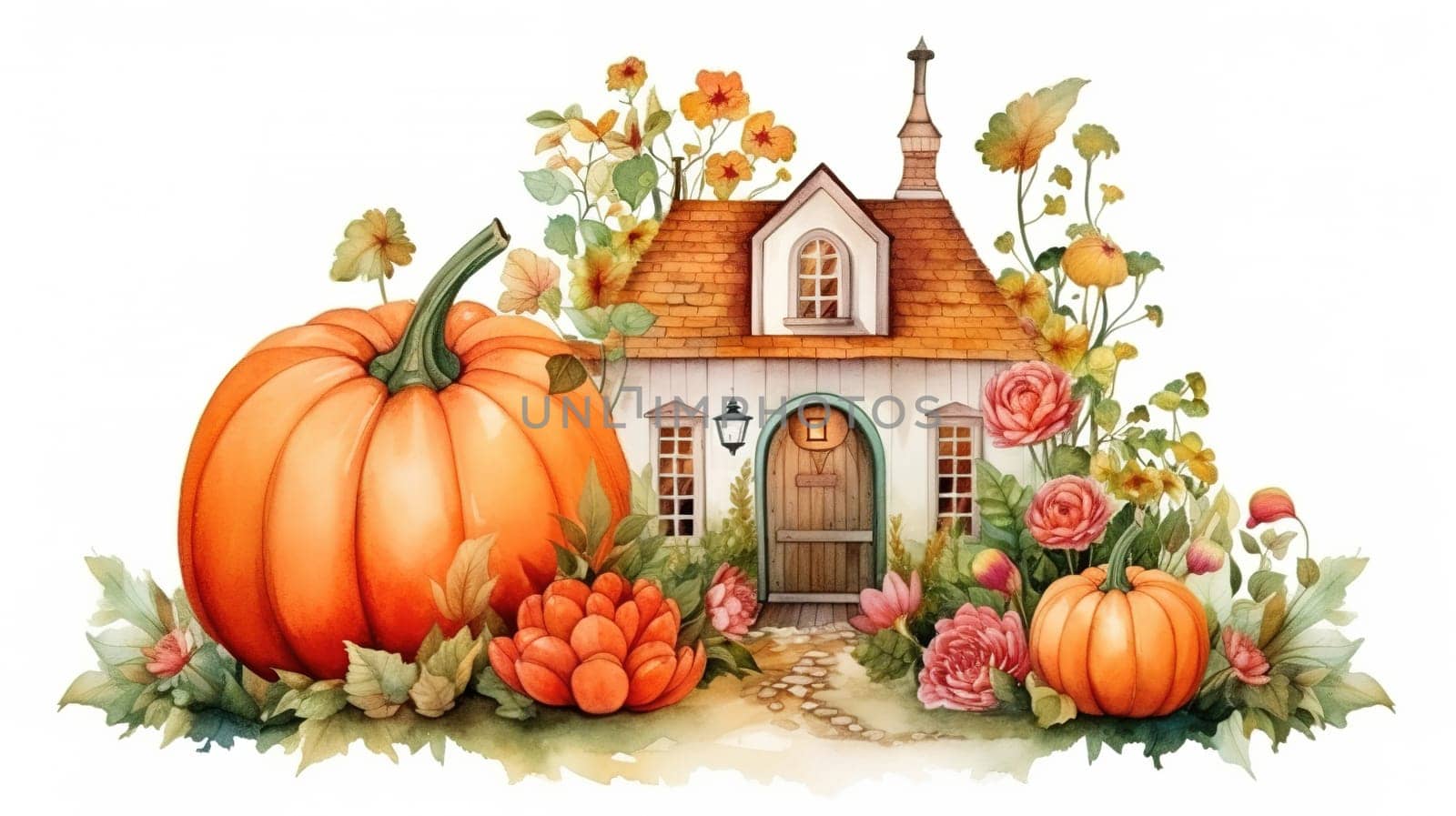 Charming wooden fairy house among orange dahlias and ripe pumpkins, beautiful roof and flower garden on a white background,Genereated AI