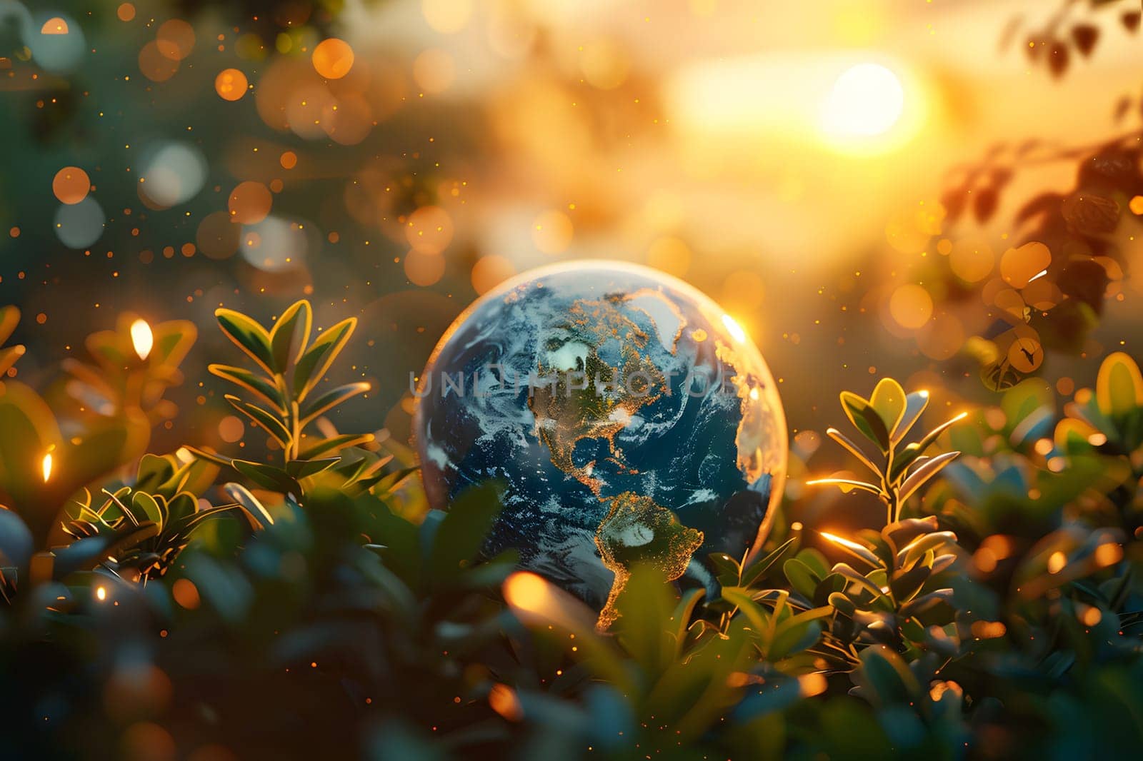 A Christmas ornament globe is placed among evergreen plants, creating a festive display. The natural landscape features a variety of trees, branches, and twigs in the background