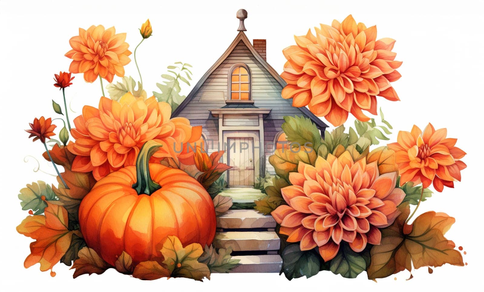 Charming wooden fairy house among orange dahlias and ripe pumpkins, beautiful turquoise roof and brick chimney, flower garden on a white background,Genereated AI