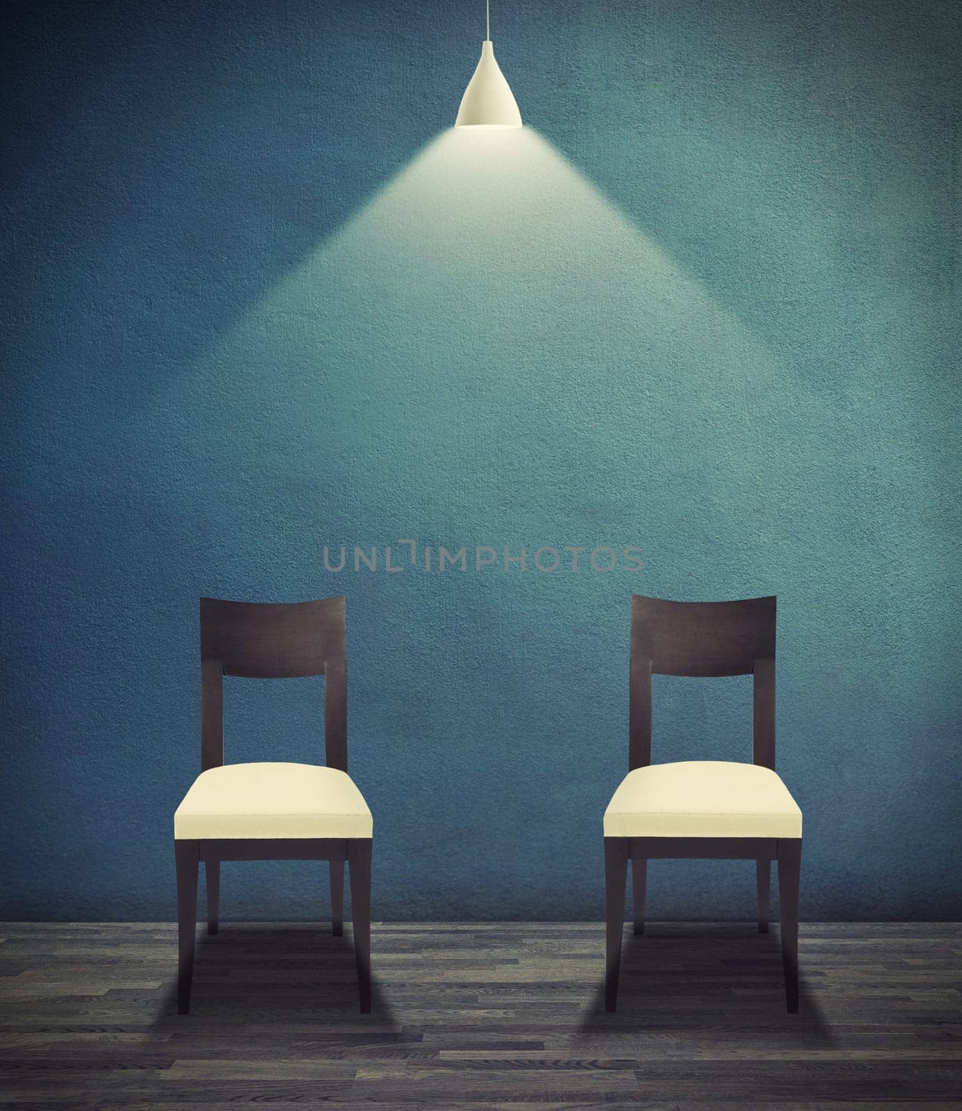Illustration, empty room and interrogation with light on chair for legal, justice or questions on wall background. Jail, criminal investigation and spotlight art for suspect, defense or punishment.
