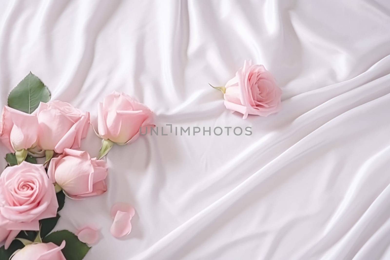 Floral composition. Pink flowers on white fabric. Flat lay, top view, copy space.
