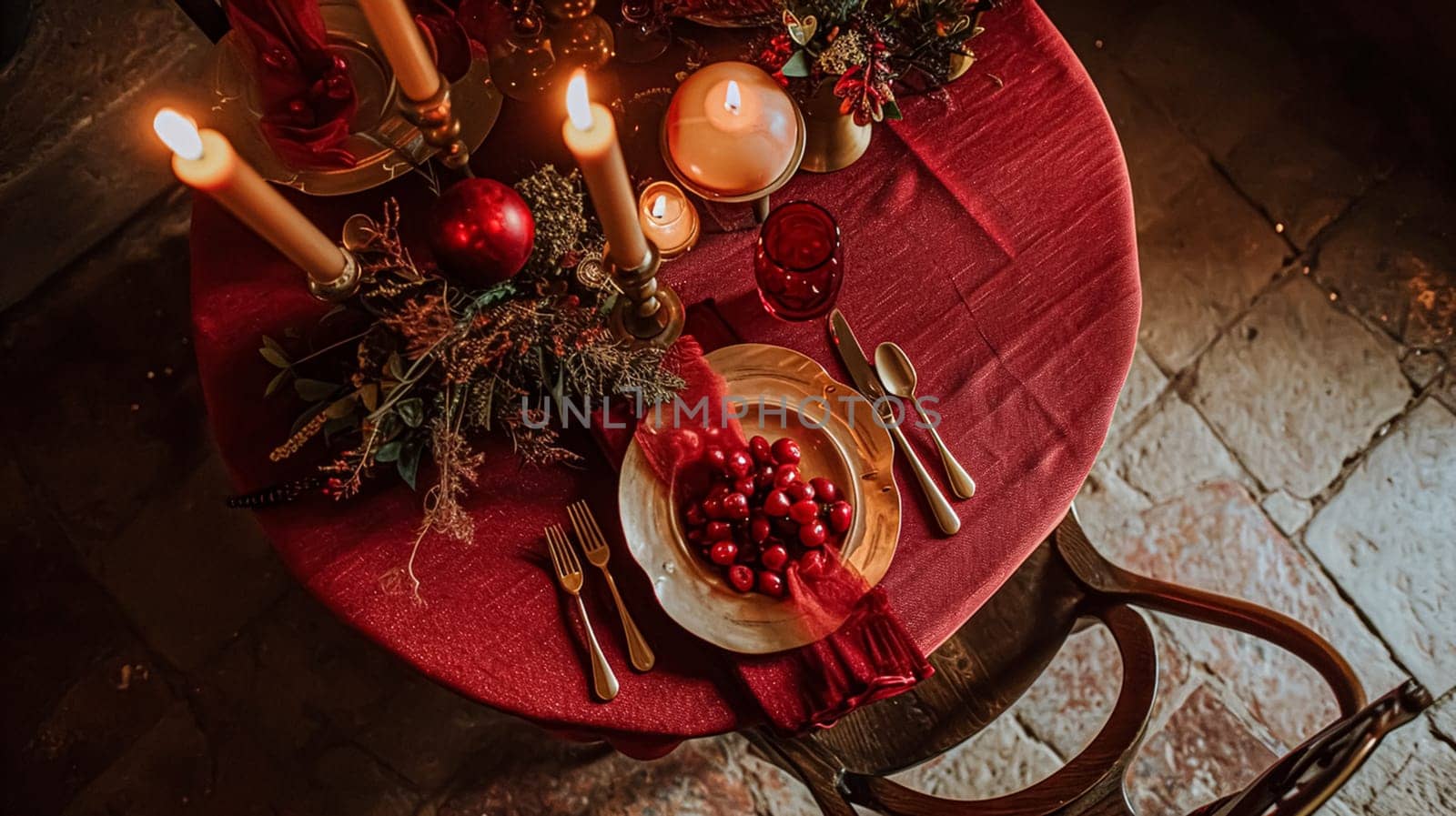 Festive table setting with cutlery, candles and beautiful red flowers in a vase.