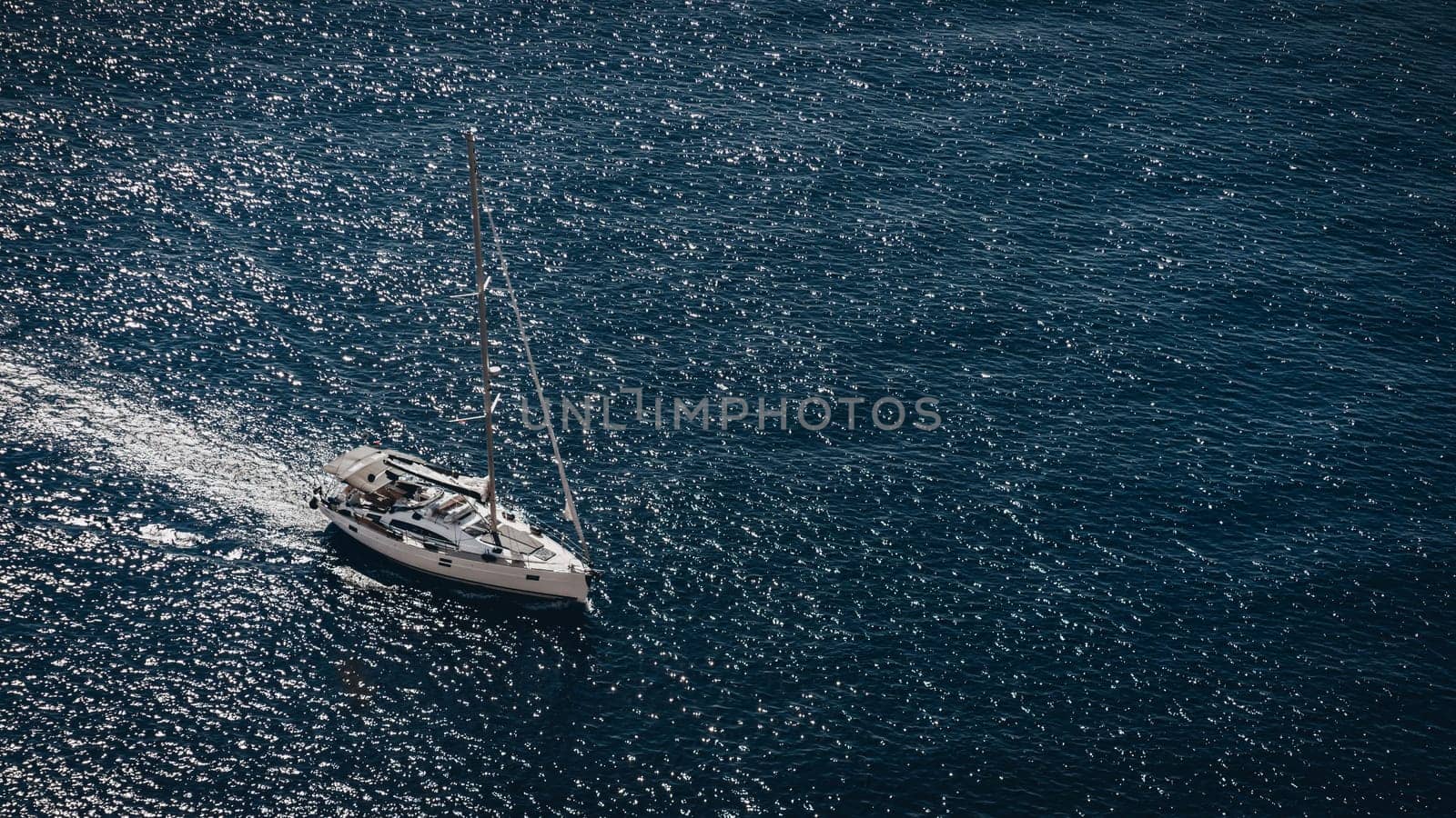 Aerial view of luxury floating ship in blue waters of Adriatic Sea, Croatia