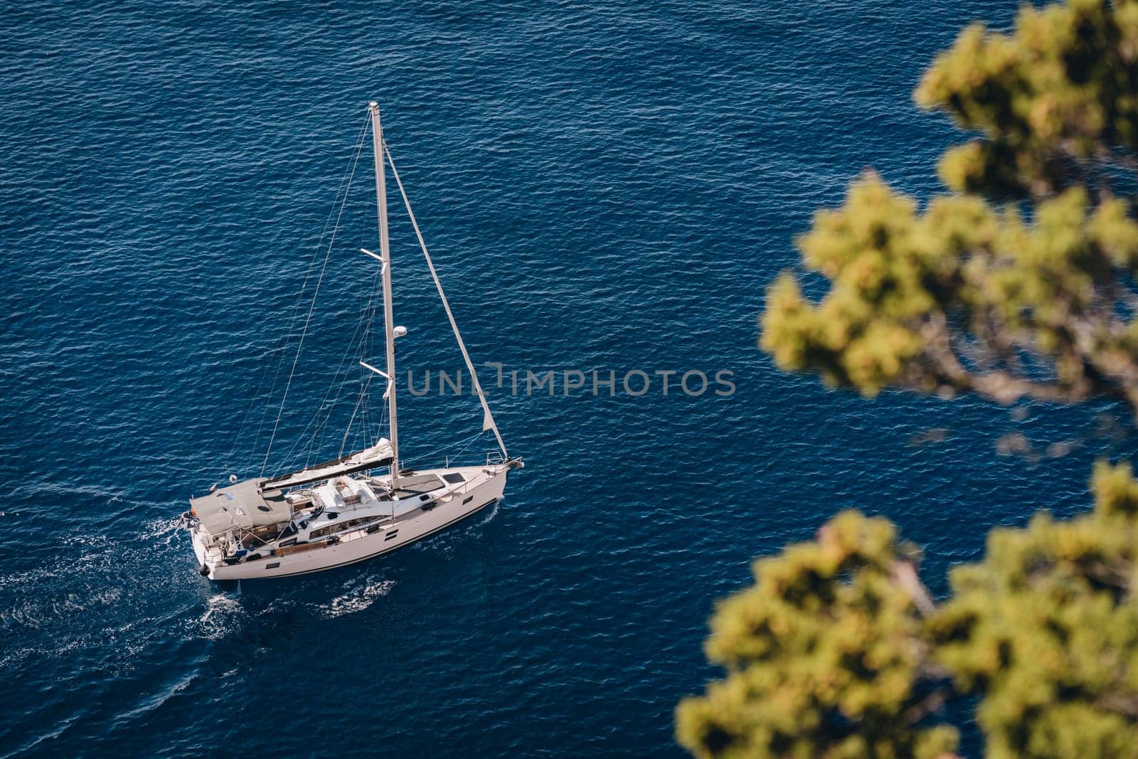 Aerial view of luxury yacht in sea waves and pine branch, Adriatic Sea, Croatia by Popov