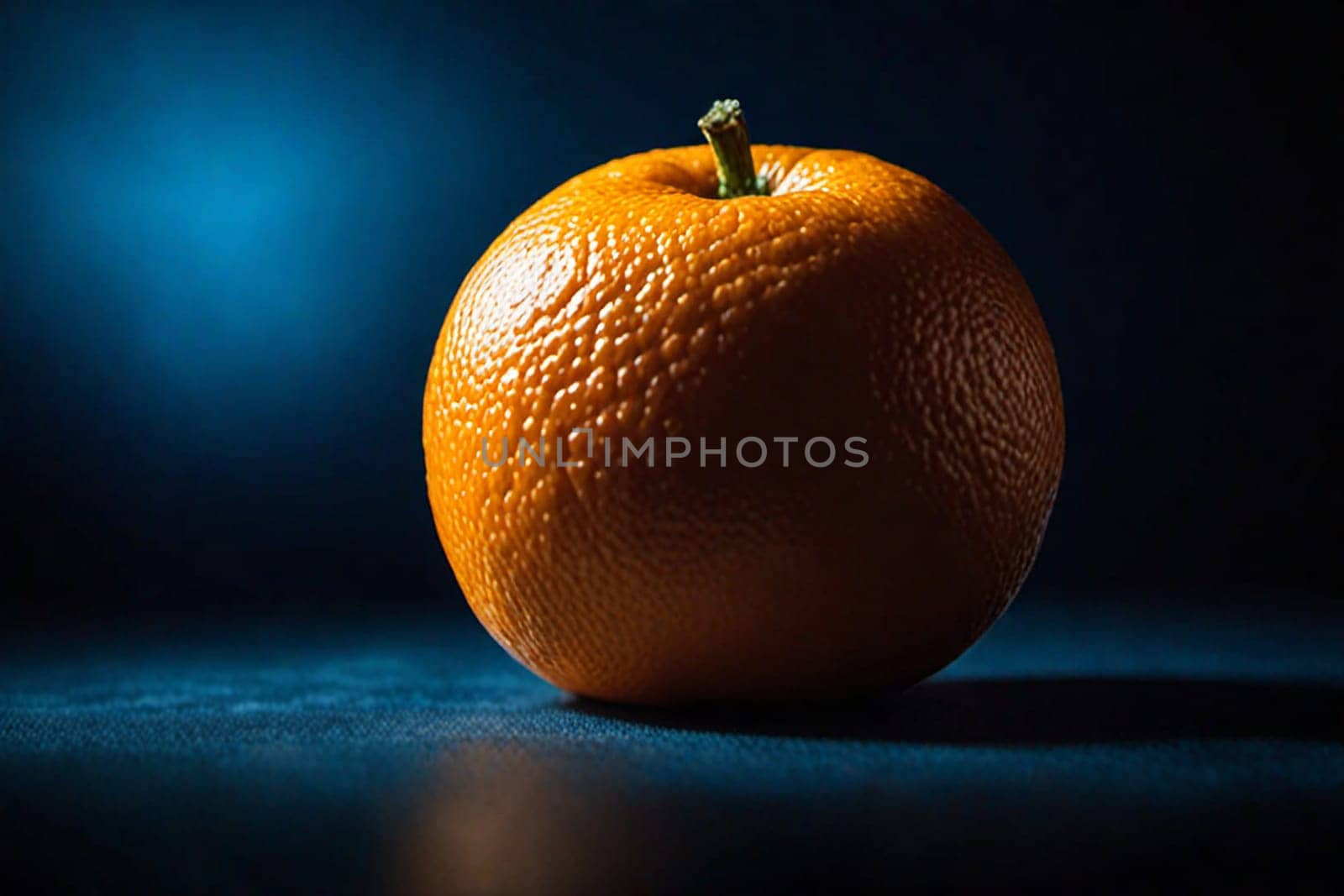 orange resting on a blue table with a blue background by txking