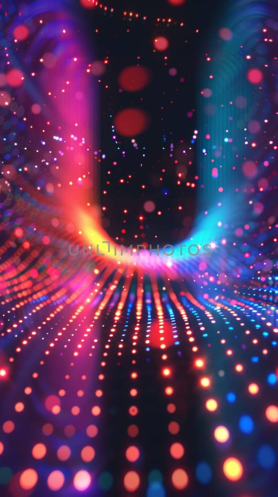 A colorful abstract image of a tunnel with lights and dots