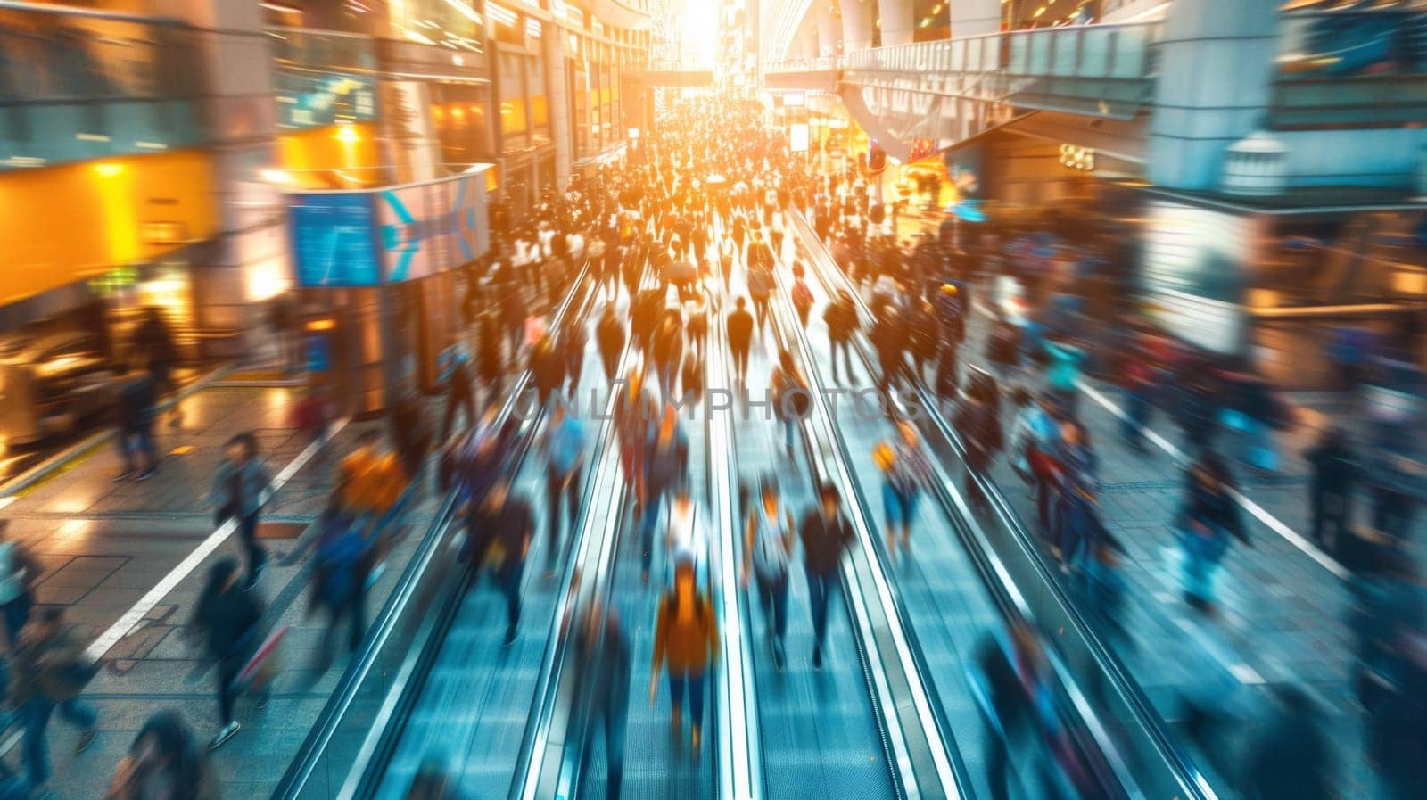 A blurry image of a busy city street with people walking