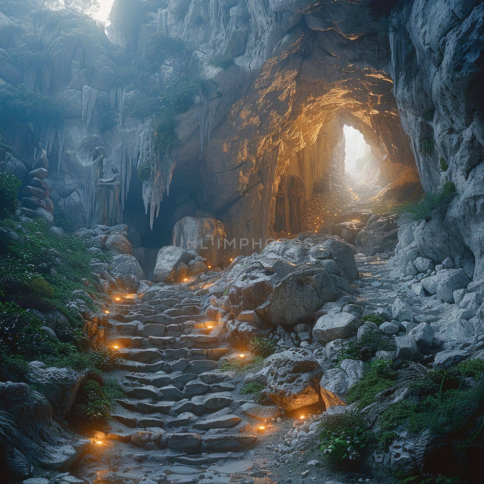 A set of stairs descending into a cave entrance.