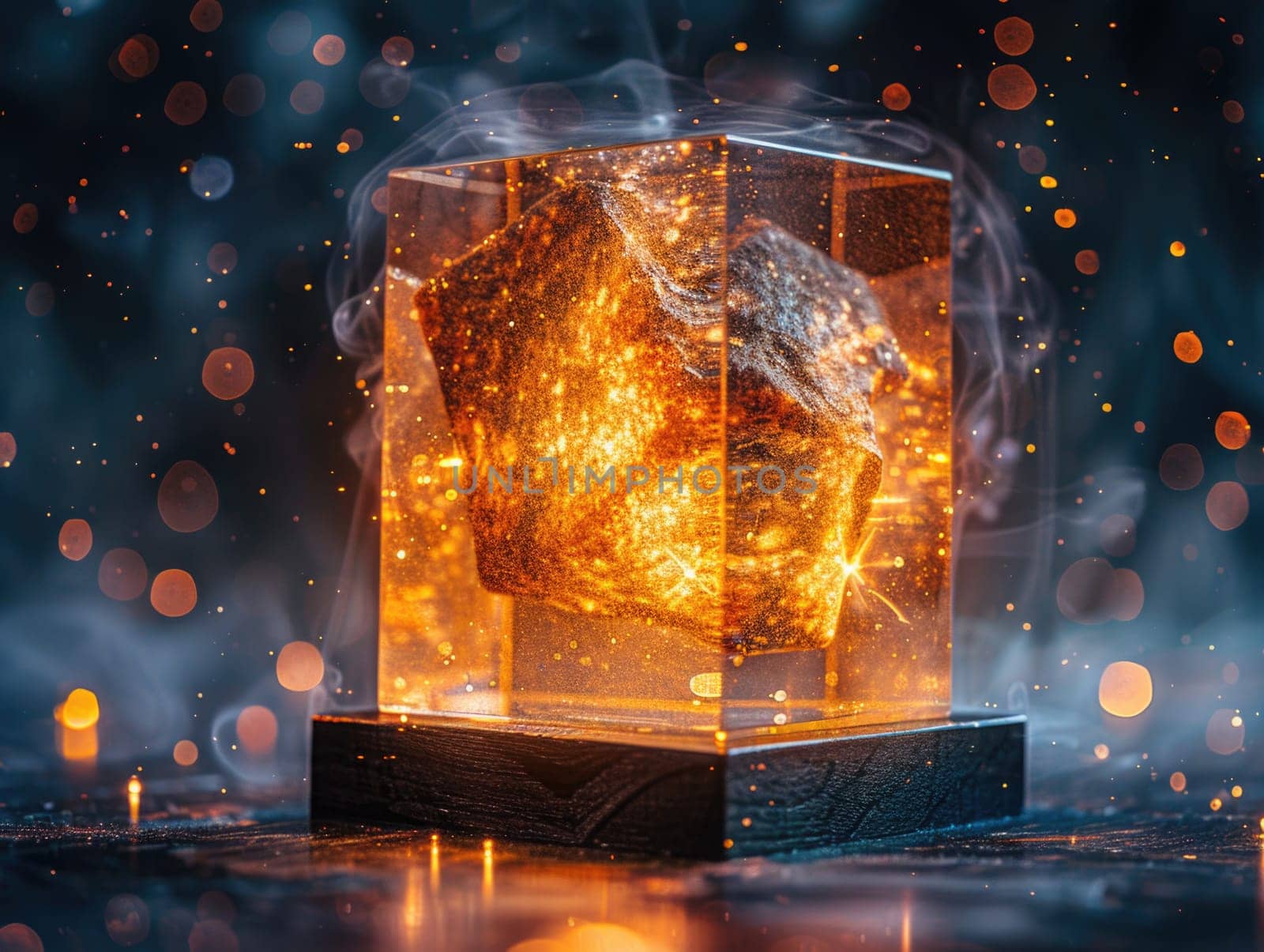 A sparkling, golden turkey under a glass dome, surrounded by magical, festive bokeh lights.
