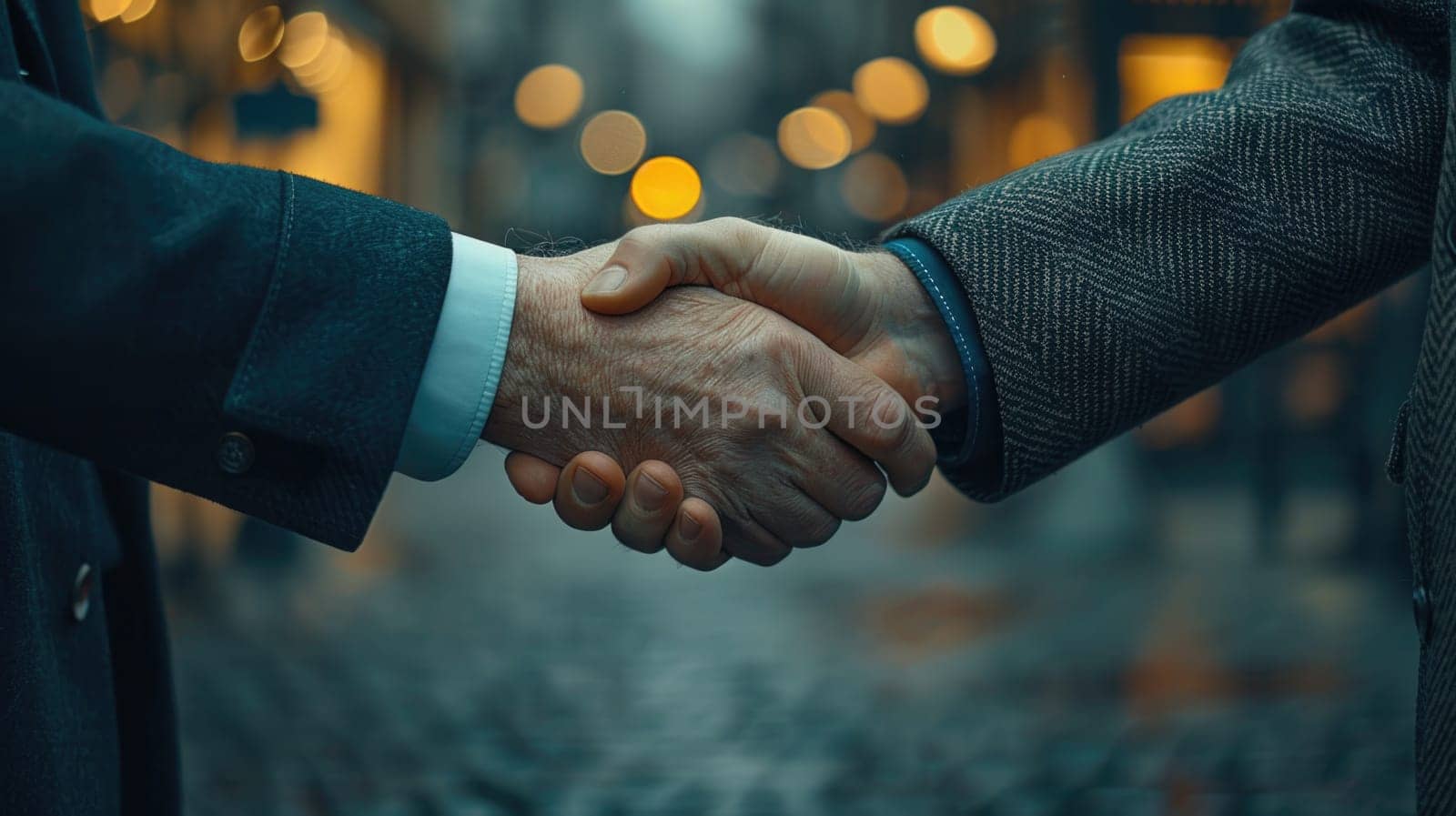 Close-up of a firm handshake between two business partners, symbolizing trust and agreement, with a blurred city background.