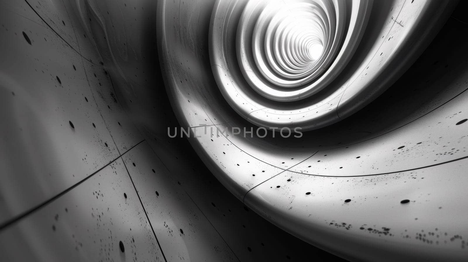 A black and white photo of a spiral tunnel with holes in it