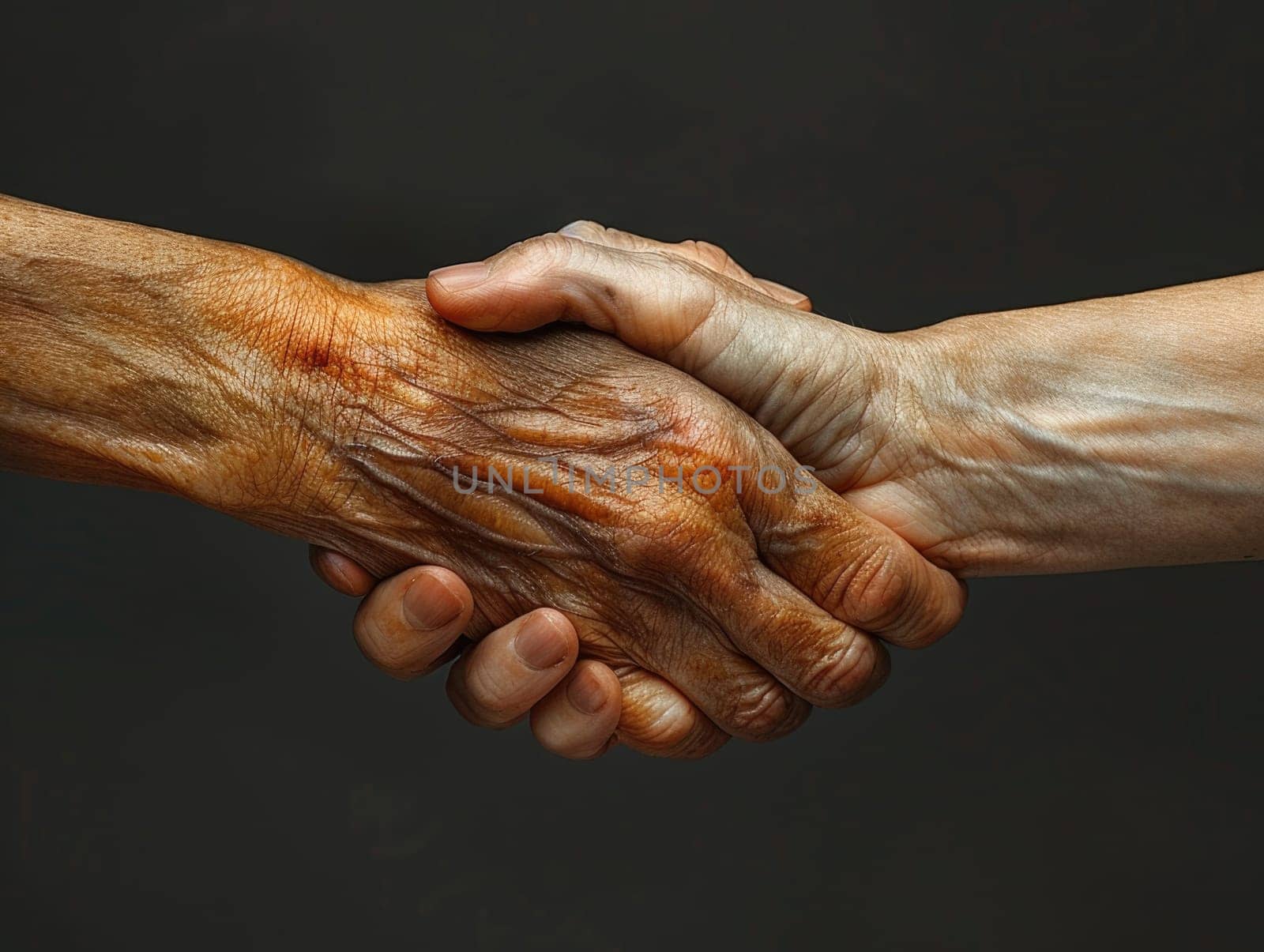 Close-up image showcasing a handshake between two people with diverse skin tones against a dark backdrop, symbolizing unity and partnership.