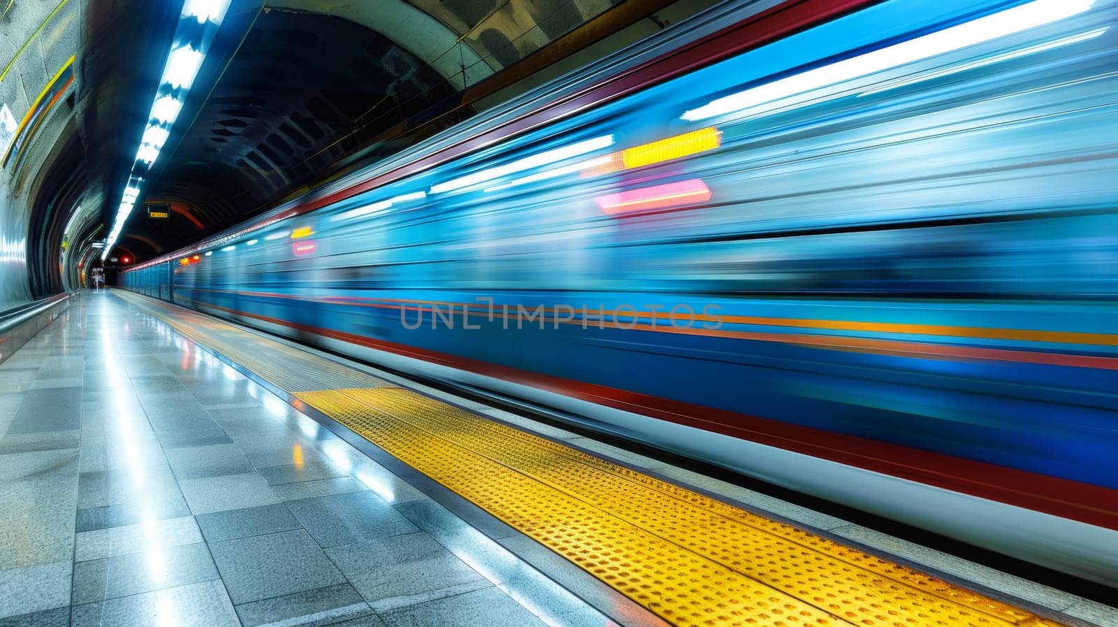 A subway train is moving through a station at high speed