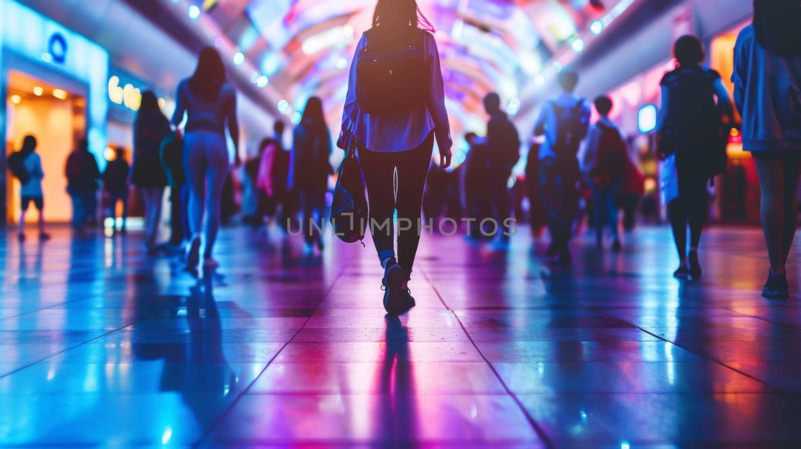 A group of people walking through a large building with many lights